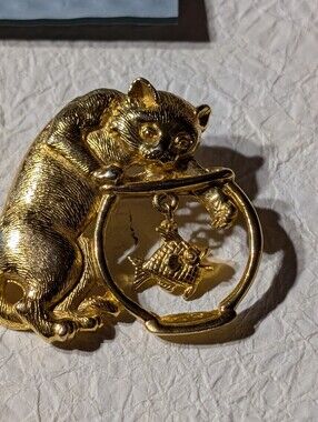 Cat Reaching In Fish Bowl Brooch 80's